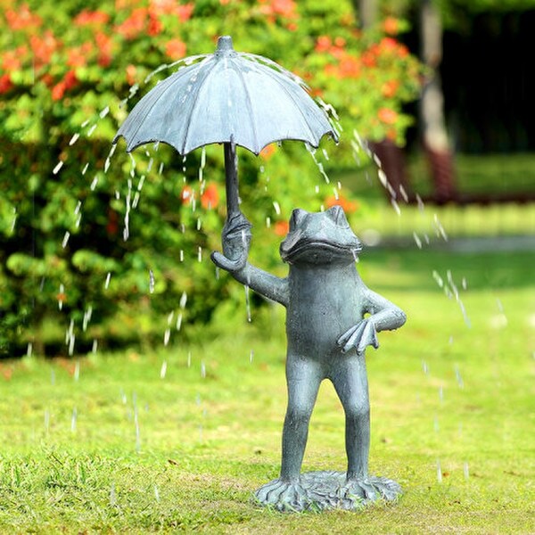 Frog With Umbrella Garden Spitter Statue Piped Water Feature Sculpture